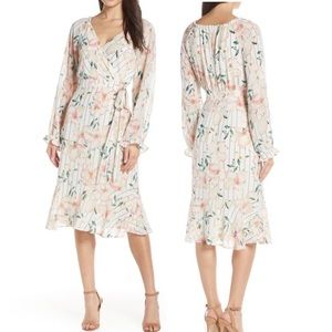 CHELSEA28 Stripe & Floral Faux Wrap Midi Dress